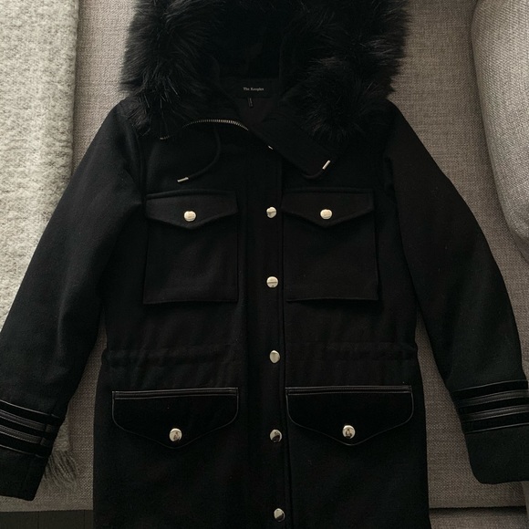 Kooples Black Wool Mid-length Coat with Faux Fur | Size XS (US 2-4) - Picture 8 of 9